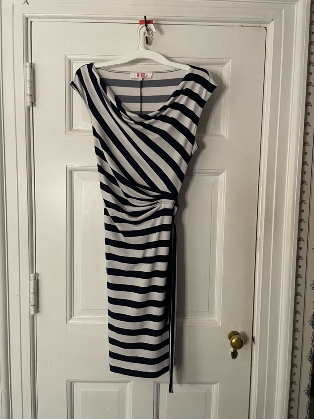 Striped Navy and White Midi Dress with Draped Waist